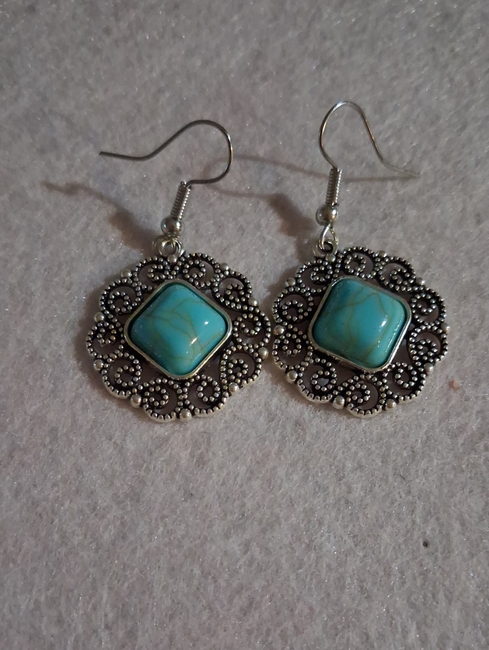 243- Faux Turquoise Stone Filigree Drop Earrings - Women Jewelry